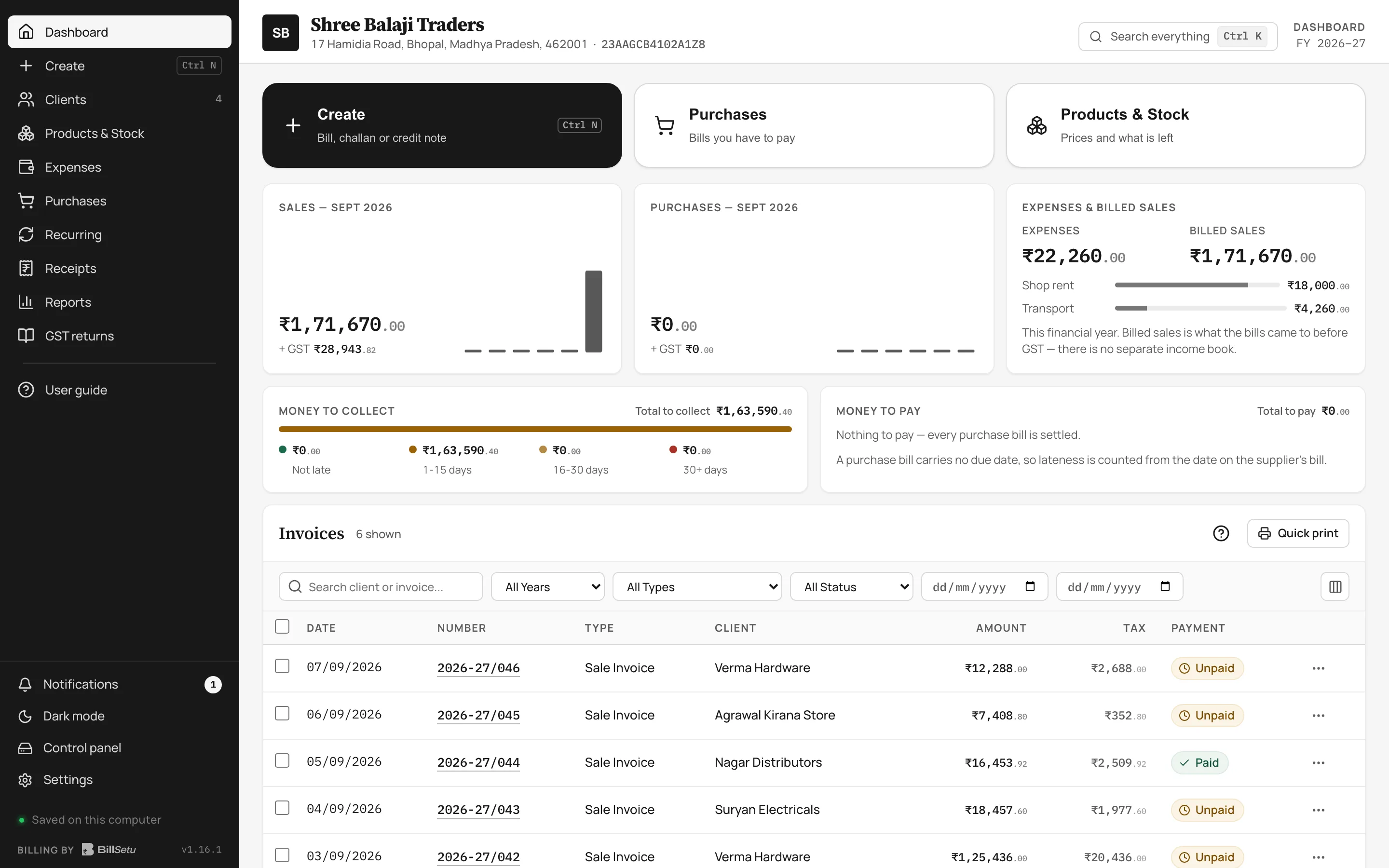 The BillSetu dashboard showing this month's sales, money to collect, and a list of GST invoices.