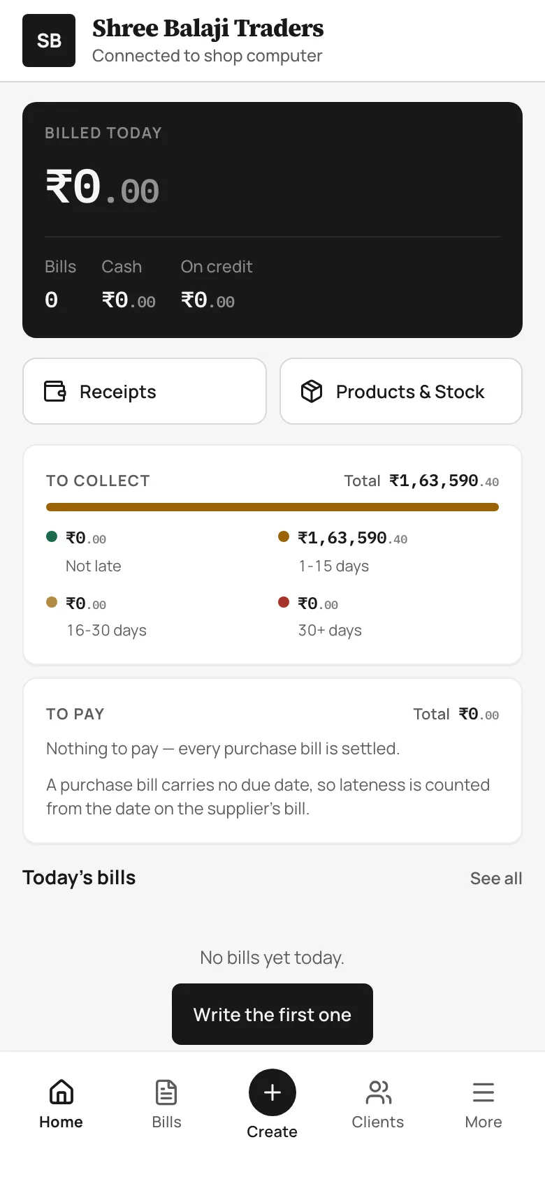 BillSetu on an Android phone, showing what was billed today and what is left to collect.