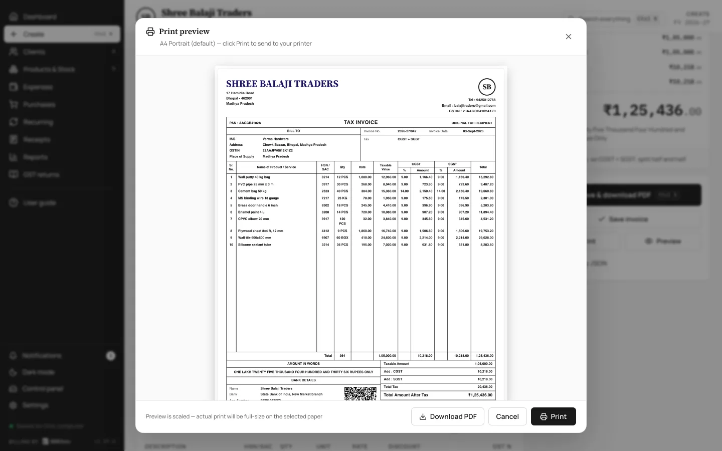 The print preview of a GST tax invoice in BillSetu, with the buttons to print it or download it as a PDF.