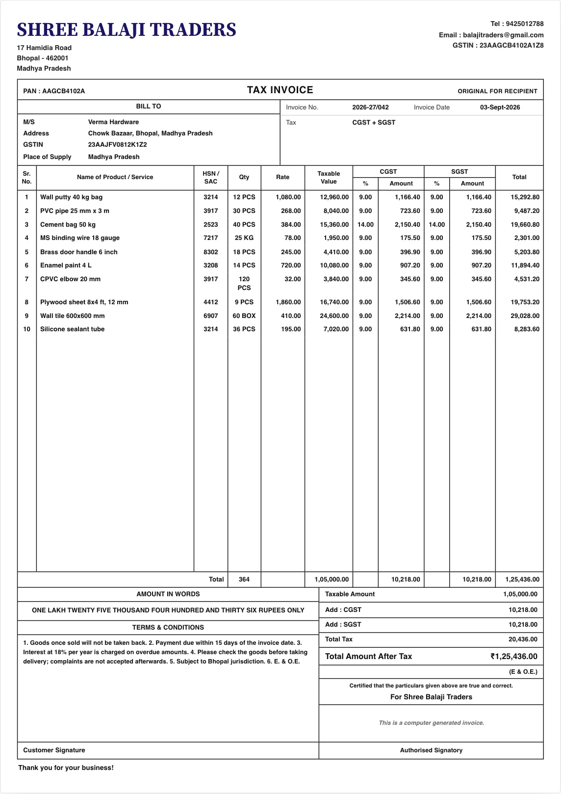 A printed GST tax invoice on A4: the shop name and GSTIN at the top, ten line items with HSN codes, quantity, rate and taxable value, separate CGST and SGST columns, the total in words, and the shop's own terms at the foot.